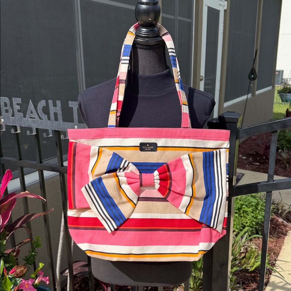 NWT! Retail $128 kate spade Pink Multi-Stripe Tote with Bow Accent